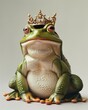 Frog prince with a crown, light plain backdrop, right top space for text, fairytale fun