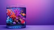Vibrant mini aquarium with colorful coral and fish against purple backdrop