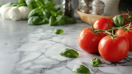 Wall Mural - Fresh tomatoes on vine with basil leaves marble surface in kitchen