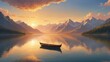 A painting of a small wooden rowboat on a calm lake at sunset