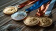 Gold, silver, and bronze medals in a triumphant close-up, ribbons perfectly aligned, the epitome of Olympic winning