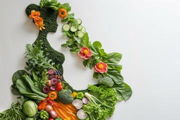 Poster - A woman made out of vegetables and fruits arranged in the shape of a person. Generative AI.