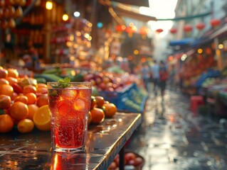 Poster - A glass of a drink sitting on top of some oranges.