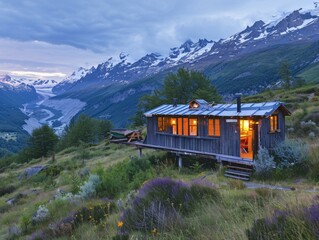 Wall Mural - A small cabin sits on a hillside overlooking a valley. Generative AI.