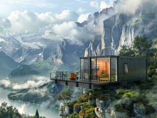 Wall Mural - A house on a cliff overlooking a mountain range and a lake. Generative AI.