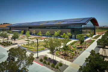 Canvas Print - A large building with a green roof and trees in the front. Generative AI.