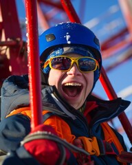 Sticker - A boy wearing a helmet and goggles on the side of an amusement park ride. Generative AI.