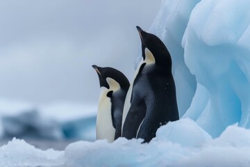 Sticker - Two penguins standing on top of a large iceberg. Generative AI.