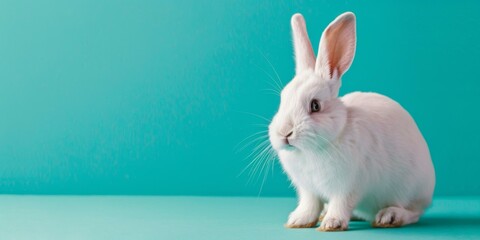 Wall Mural - A white rabbit sitting on a blue background with a green wall. Generative AI.