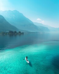 Poster - A person in a small boat on the water with mountains behind. Generative AI.