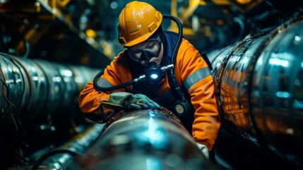 Poster - A man in a hard hat and safety gear working on pipes. Generative AI.