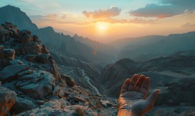 Wall Mural - A person reaching out to the sun with their hand.