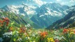 A field of flowers in a valley with mountains behind them.