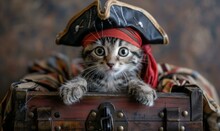 A Cat Wearing A Pirate Hat And Sitting In An Open Chest. Generative AI.