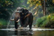 An Elephant Is Walking Through A River With Water Splashing Around It. Generative AI.