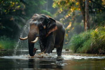 Sticker - An elephant is walking through a river with water splashing around it. Generative AI.