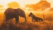 A lion and elephant in a field of tall grass. Generative AI.