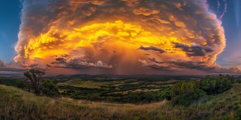 Wall Mural - A large cloud is seen over a grassy hill.