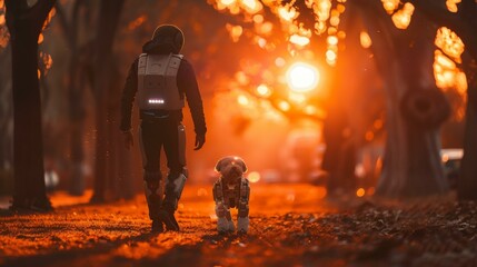 Poster - A man walking a dog in the woods at sunset. Generative AI.