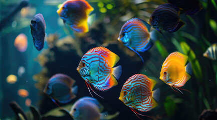 Wall Mural - A group of colorful discus fish are swimming in an aquarium, with some floating at the bottom and others near water plants