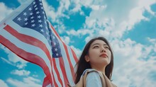 Generative AI : Young Asian Woman Holding American Flag On Blue Sky Background