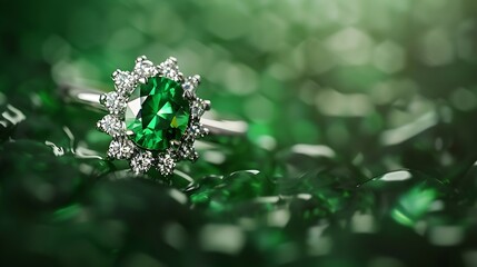 Wall Mural - Generative AI : Emerald ring with diamonds wedding jewelry on abstract green color background