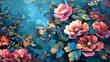 Lovely antiquated wall art with vast pink and blue flowers and butterflies over a blue backdrop, symbolic of antique analog wallpaper and space, Generative AI.