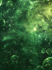 Wall Mural - A green background with many bubbles and a green smoke. The bubbles are floating in the air and the smoke is coming from the bottom of the image. Scene is calm and peaceful, as the bubbles