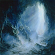 A painting of a cave with a light shining through a hole in the ceiling. The mood of the painting is mysterious and eerie, with the light shining through the hole creating an otherworldly atmosphere