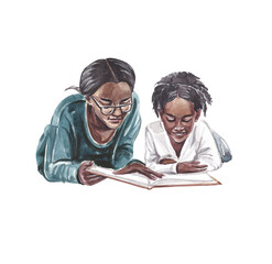 A black African woman with a child is reading a book. Watercolor illustration of a mother and daughter on a transparent background. Mother's Day