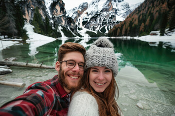 A young couple taking a selfie photo on Lake Braies in Dolomites. The man is wearing a red flannel shirt and grey beanie, the woman wears a white sweater with gray fur hat smiling at the camera