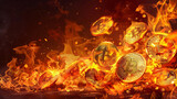 Fototapeta  - Stylized representation of gas fees in cryptocurrency transactions, with flames consuming digital assets,