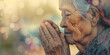 elderly woman with wrinkles on her face is praying, generative AI