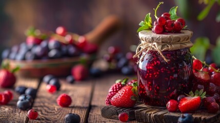 Wall Mural - Close-up of a jar of preserves with berries on a wooden table