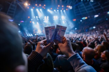 a crowd of concert-goers enthusiastically holding up tickets while enjoying the event