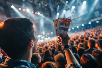 Wall Mural - A man holds up a pair of tickets in front of a crowd, capturing their attention and excitement