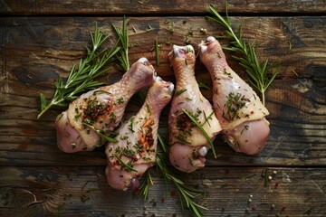 Wall Mural - Fresh raw chicken drumsticks seasoned with herbs and spices like rosemary and thyme, arranged on a rustic wooden table