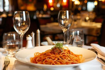 A plate of spaghetti is placed on a wooden table in a restaurant setting