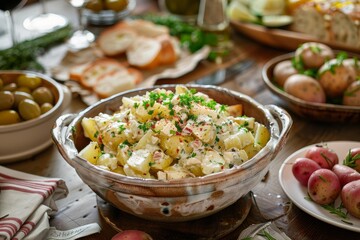 Sticker - A wooden table is adorned with bowls of food, including a spread of potato salad. The wide-angle view captures the delicious array ready to be enjoyed