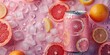 A mockup of a pastel-colored beverage can with ice and grapefruits over a vivid backdrop of fruity explosion better for summer journey and space, Generative AI.