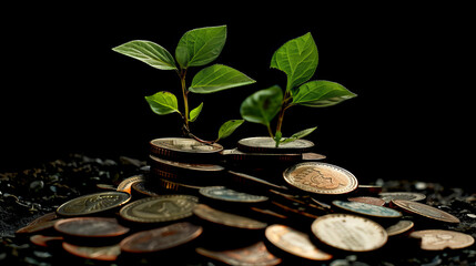 Two healthy green plant shoots rise from a darkly lit accumulation of coins, metaphorically showcasing economic growth and financial stability