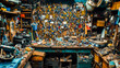 © apratim - A cluttered workshop with an eclectic array of tools and hardware items spread across a workbench.
