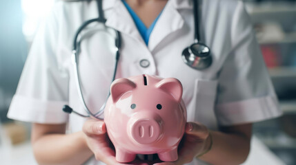 An image capturing the concept of medical expenses with a close-up view of a doctor holding a piggy bank, focusing on healthcare costs