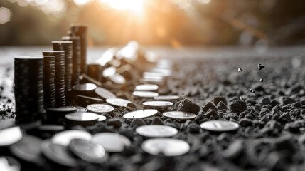 Wall Mural - Image of increasing stacks of coins on soil symbolizing financial growth and investments