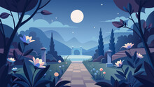 A Peaceful Garden Adorned With Delicate Flowers The Moonlight Adding A Dreamy Aura To The Already Serene Atmosphere.