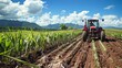 A farmer tending to a field of sugarcane using a tractor to plow the earth and ensuring the growth of healthy robust crops. .