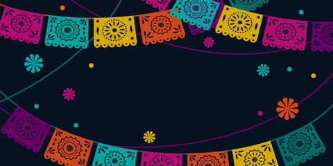 Wall Mural - Hispanic heritage month background. Vector web banner, poster, card for social media, networks. Greeting national Hispanic heritage month, garlands of flags pattern on blue background.