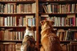 Adorable Dog and Cat Sitting Together in Front of a Huge Bookshelf Full of Books, Symbolizing Harmony and Intellectual Curiosity