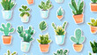Sticker vector illustration of a cute houseplant pattern with various plants in pots on a light blue background