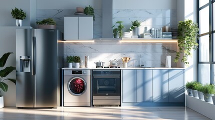 Front view of a modern kitchen, smart home, high-tech, dishwasher, cooker hood, refrigerator, washing machine. Generative AI.